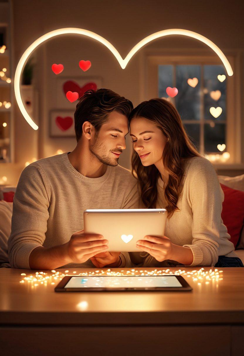 A cozy, inviting scene of a couple sharing a tablet in a warm, softly-lit living room, surrounded by floating heart icons and digital love letters. Elements of technology intertwined with romance, like a glowing heart-shaped notification and warm light illuminating their faces. The background hints at a modern yet comfortable home environment. super-realistic. warm tones. soft focus.