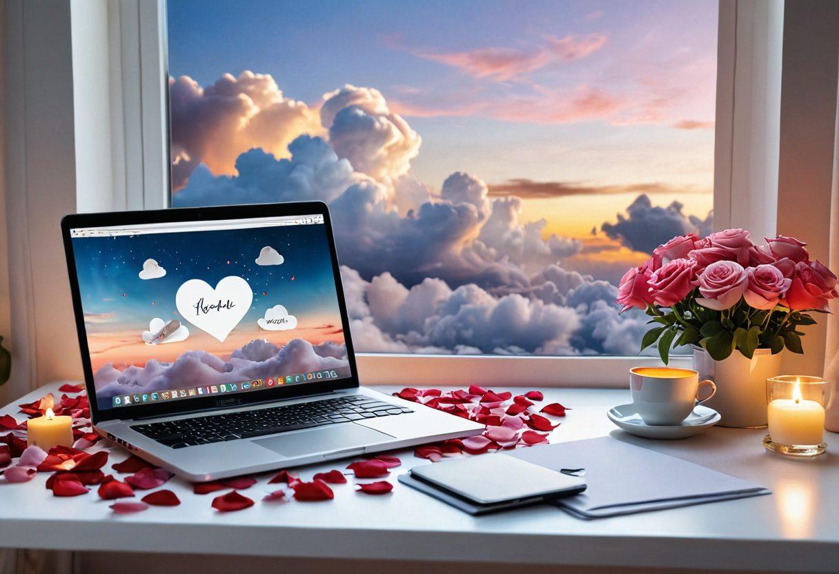 A cozy workspace featuring a laptop opened to a heartfelt email, surrounded by romantic elements like rose petals and scented candles. In the background, a dreamy cloudscape symbolizes cloud services, with subtle heart shapes floating among white fluffy clouds. The atmosphere is warm and inviting, with soft lighting casting a gentle glow on the scene. Elements include a cup of tea, a love letter, and a blooming potted plant. super-realistic. vibrant colors. heartwarming ambiance.