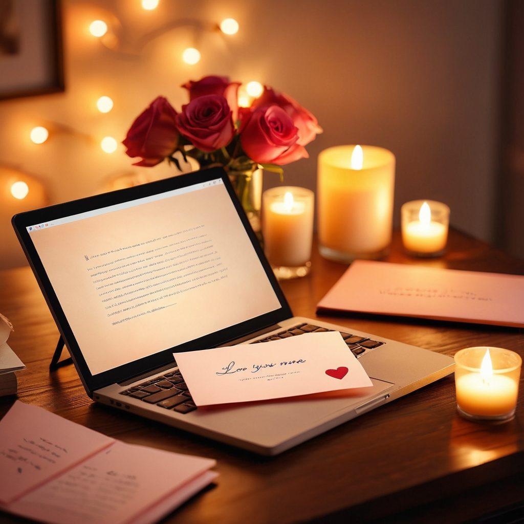 A beautifully arranged scene showcasing a handwritten love note on elegant stationery, surrounded by a soft glow of warm candlelight. Include a laptop displaying a secure messaging app, symbolizing online communication. In the background, a blurred heart-shaped bokeh effect adds a romantic touch. Soft pastel colors enhance the warm and loving atmosphere. super-realistic. vibrant colors. warm lighting.